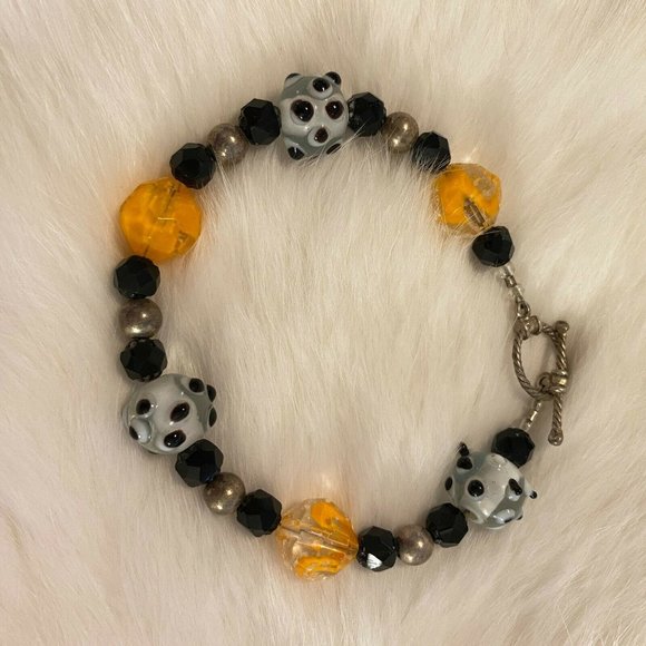 BLack Orange Polka Dot Bead Bracelet Silver Tone Metal Toggle Clasp 6203 - Picture 8 of 8